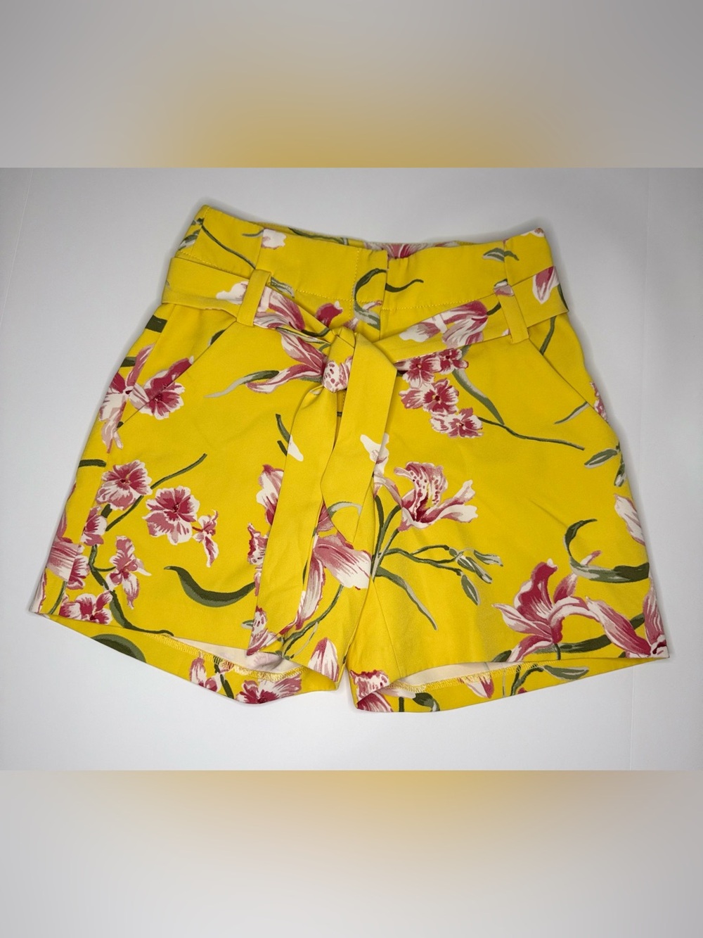 New York & Company High Rise Shorts Women’s Sz 0 Yellow Summer Floral Tie-Waist